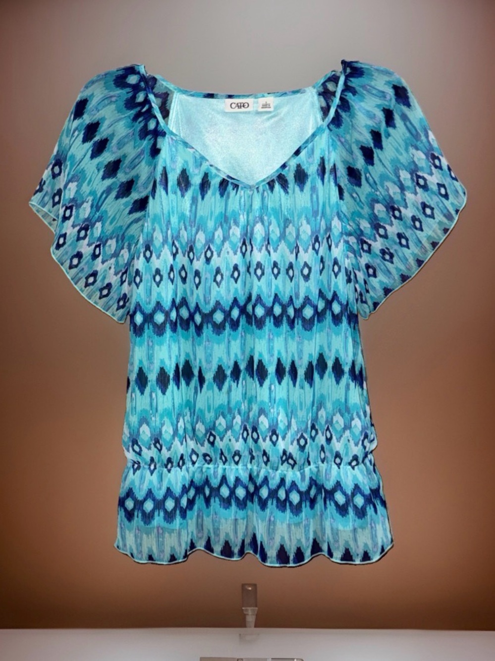 Cato Turquoise & Navy Ikat Flutter-Sleeve Blouse-S-EC